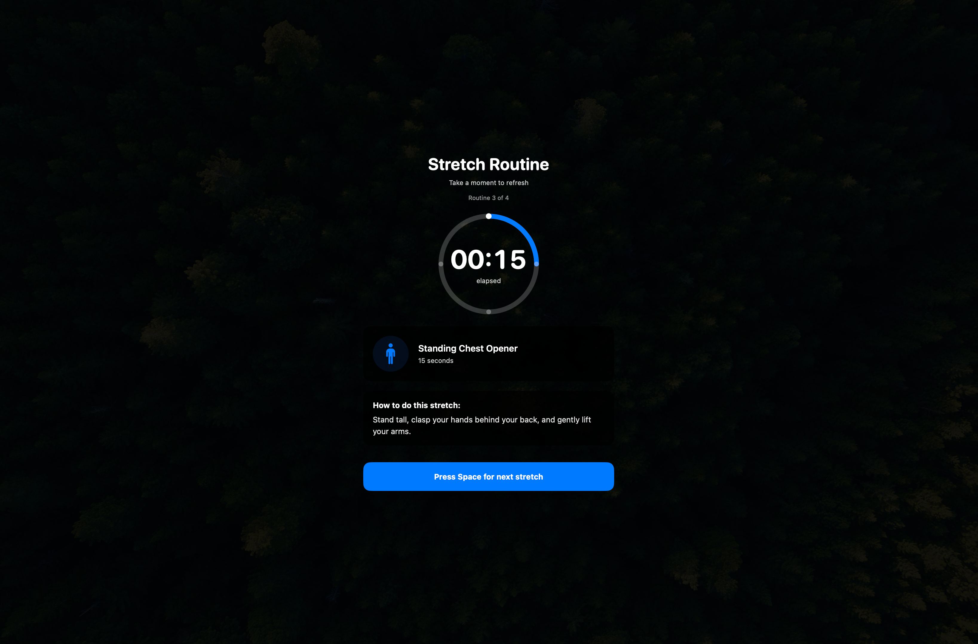 StretchMate App Interface - Standing Chest Opener stretch with 15-second timer for desk exercises